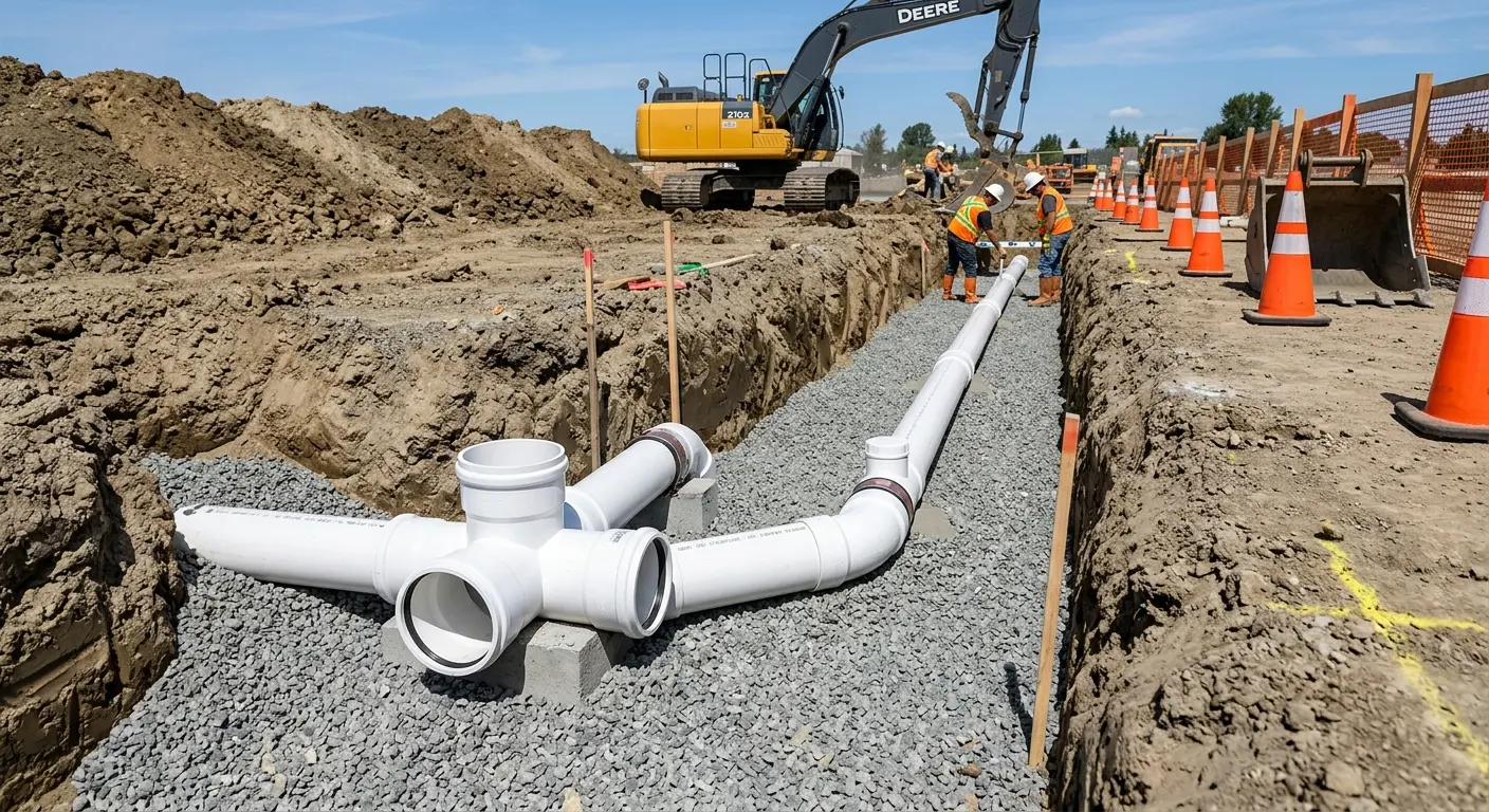 New PVC sewer pipe installation in open trench for Commercial Drain Cleaning in Osceola