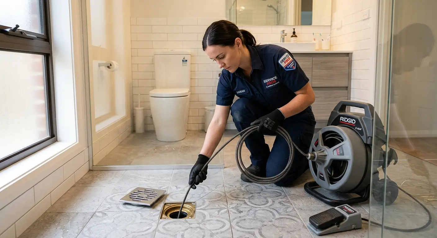 Technician clearing a bathroom floor drain for Sewer Line Installation in Osceola